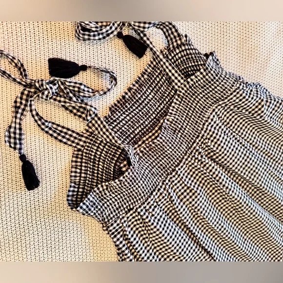 OLD NAVY Smocked Tiered Black White Gingham Plaid Mini Dress w Pockets & Tassels - Picture 7 of 13